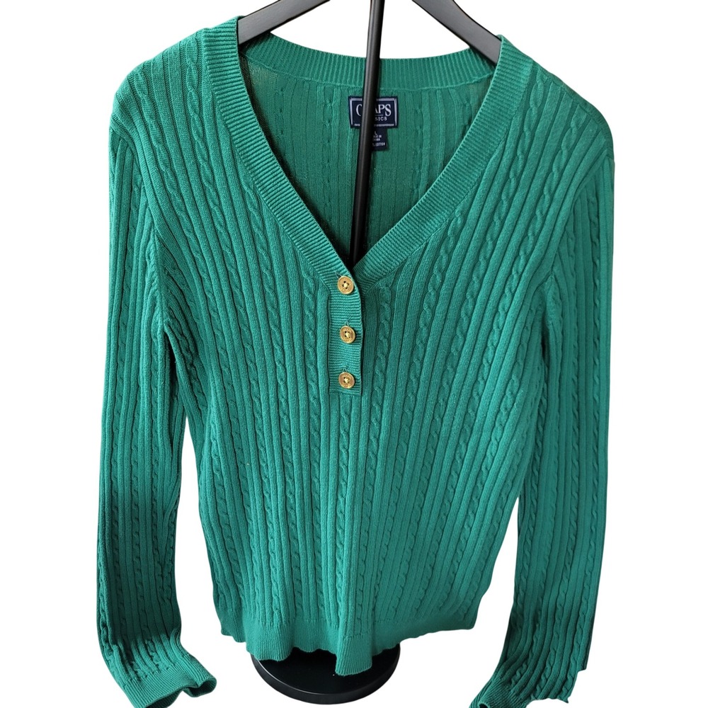 Vintage Chaps Classics Green Cable Knit V Neck Button Preppy Sweater Womens Sz L